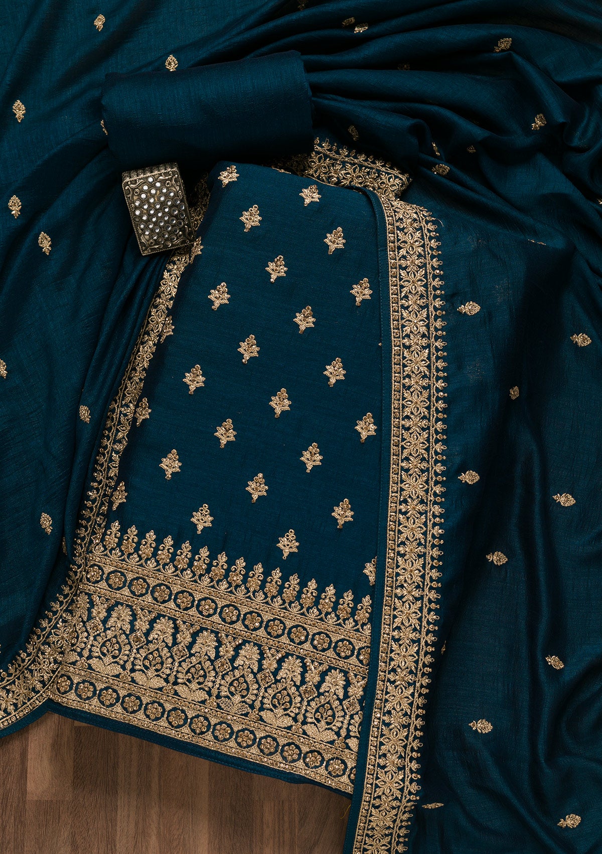 Peacock Blue Zariwork Raw Silk Unstitched Salwar Suit