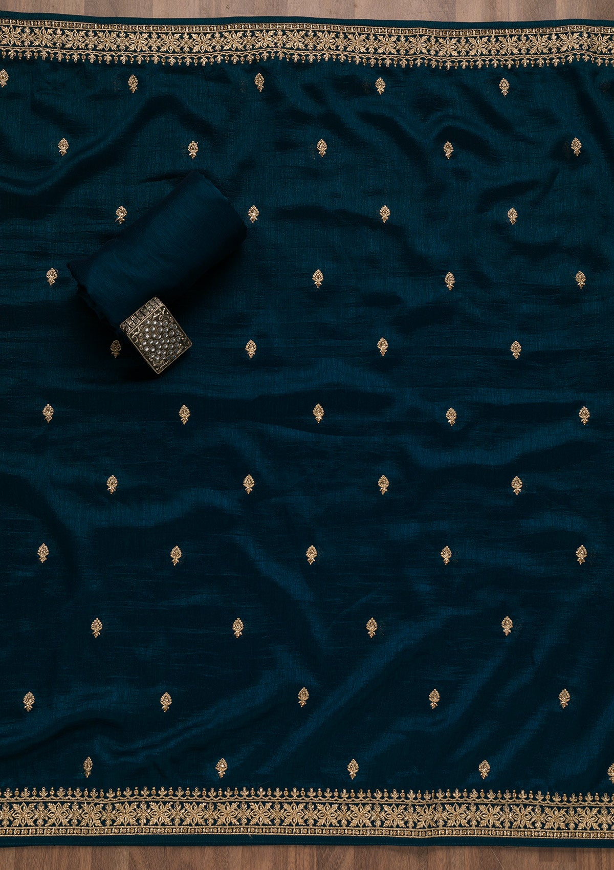 Peacock Blue Zariwork Raw Silk Unstitched Salwar Suit