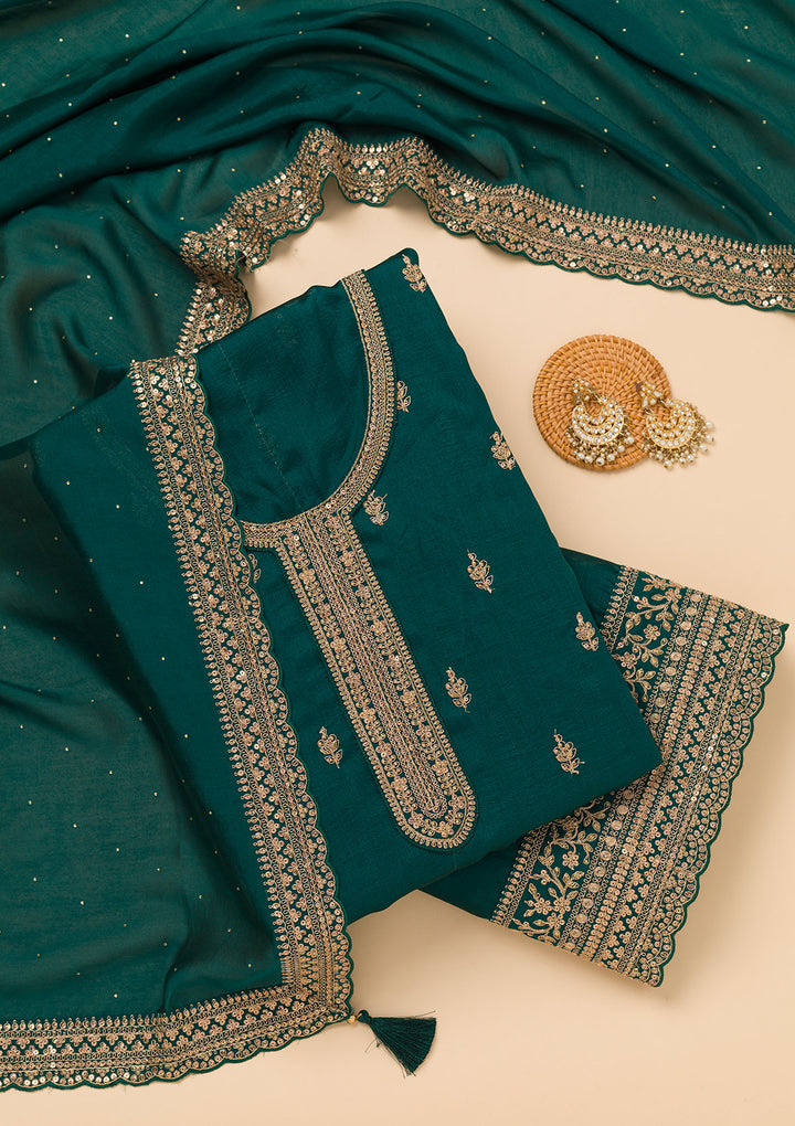 Peacock Blue Zariwork Satin Unstitched Salwar Suit