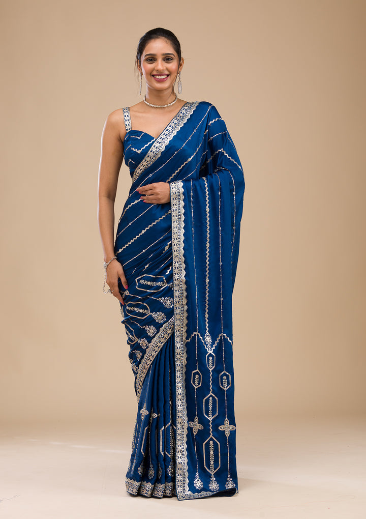 Peacock Blue Zariwork Satin Saree