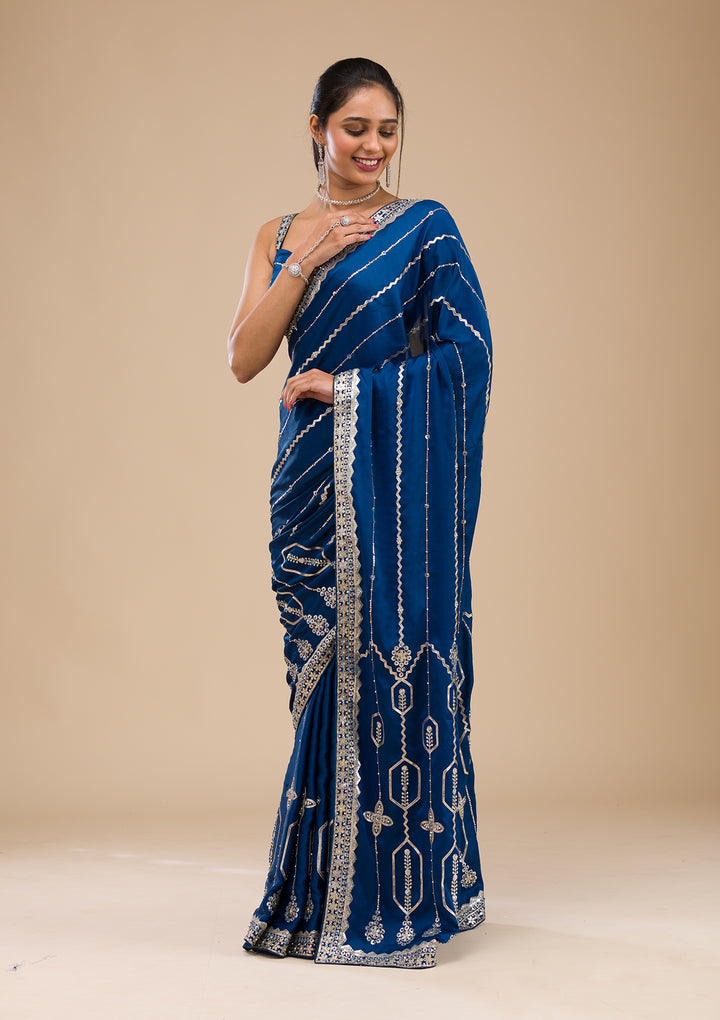 Peacock Blue Zariwork Satin Saree