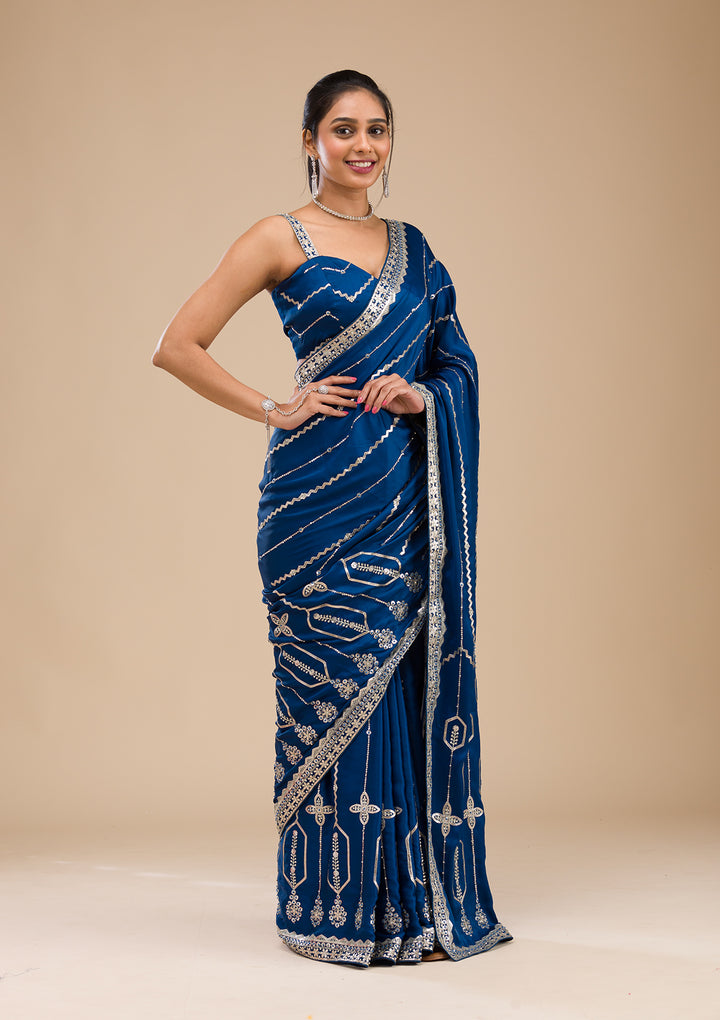 Peacock Blue Zariwork Satin Saree