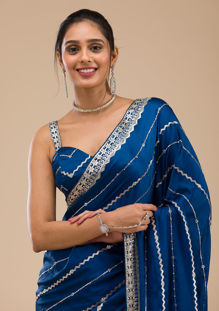 Peacock Blue Zariwork Satin Saree