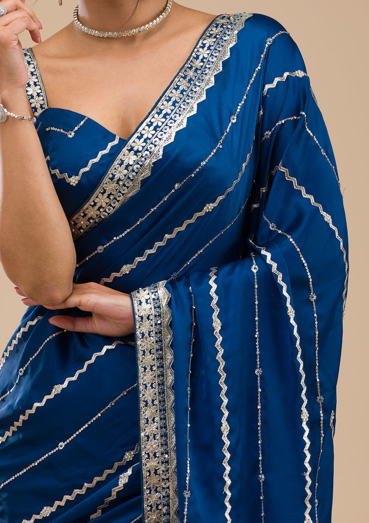 Peacock Blue Zariwork Satin Saree