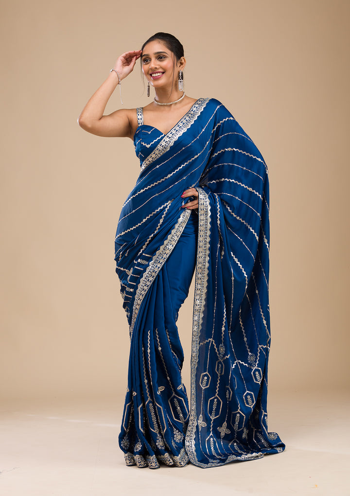 Peacock Blue Zariwork Satin Saree