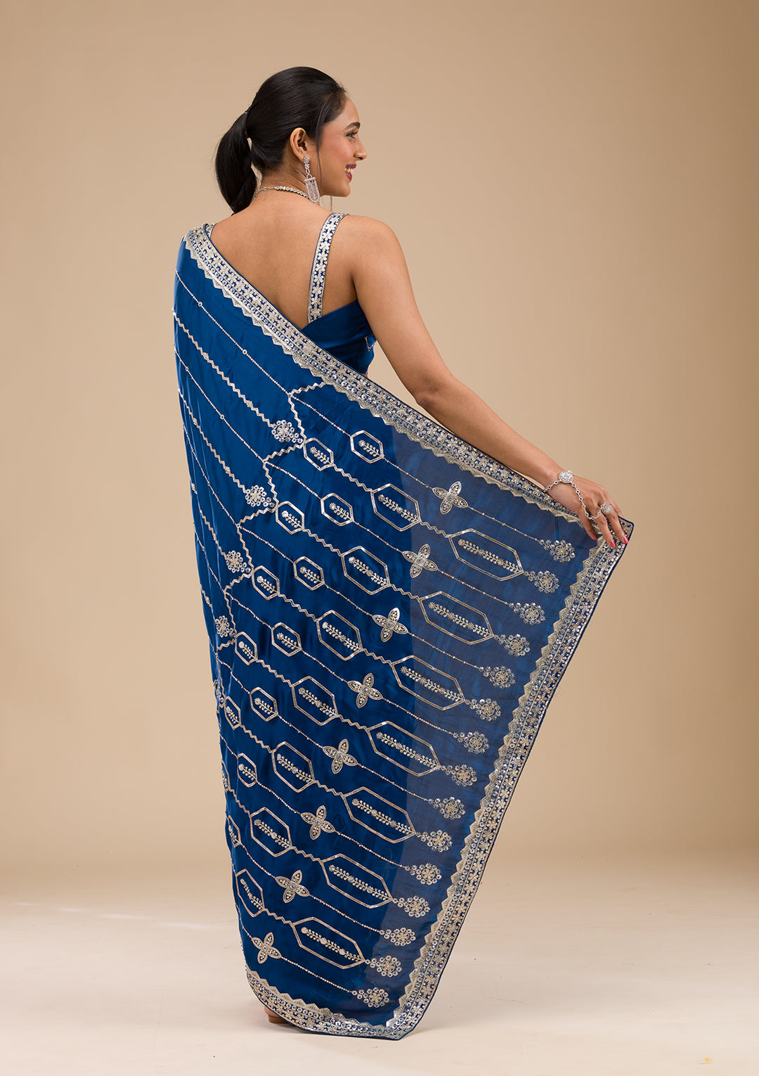 Peacock Blue Zariwork Satin Saree