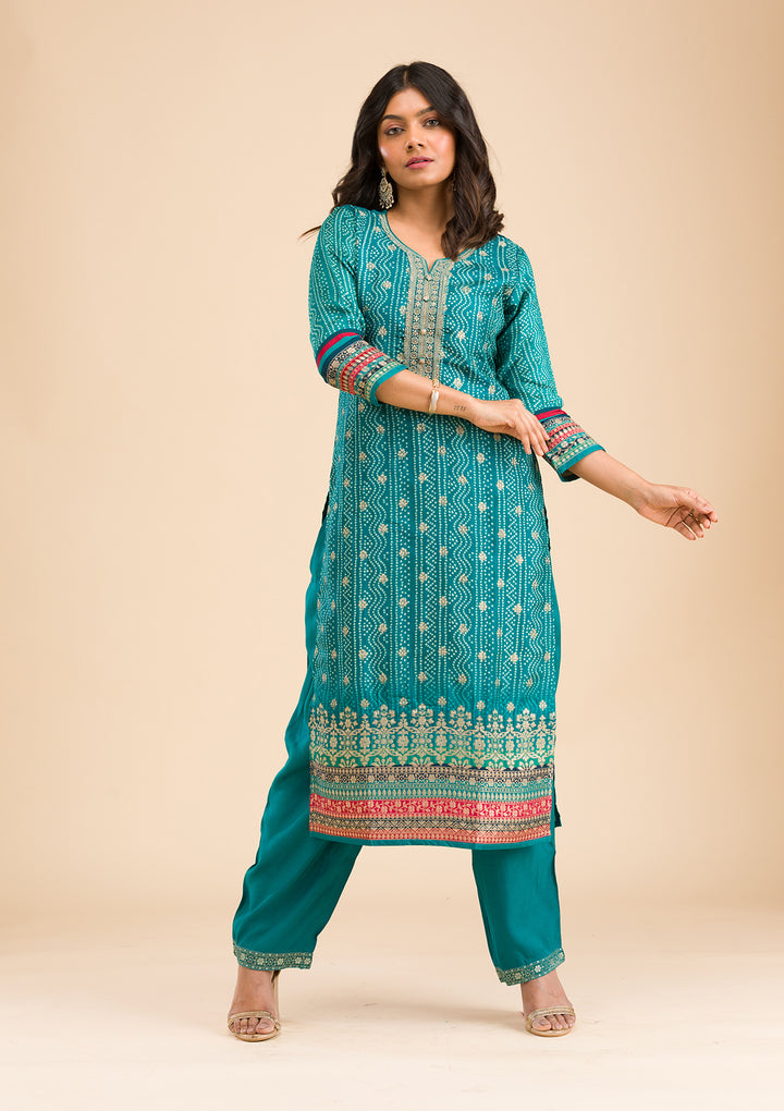 Peacock Blue Zariwork Semi Crepe Readymade Salwar Suit