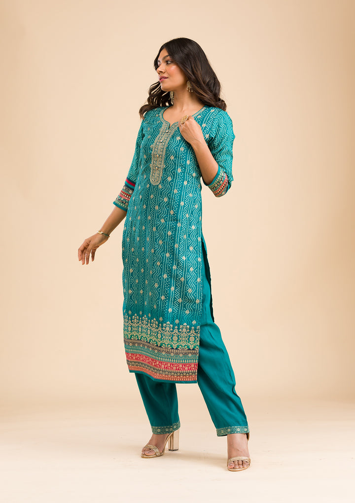 Peacock Blue Zariwork Semi Crepe Readymade Salwar Suit