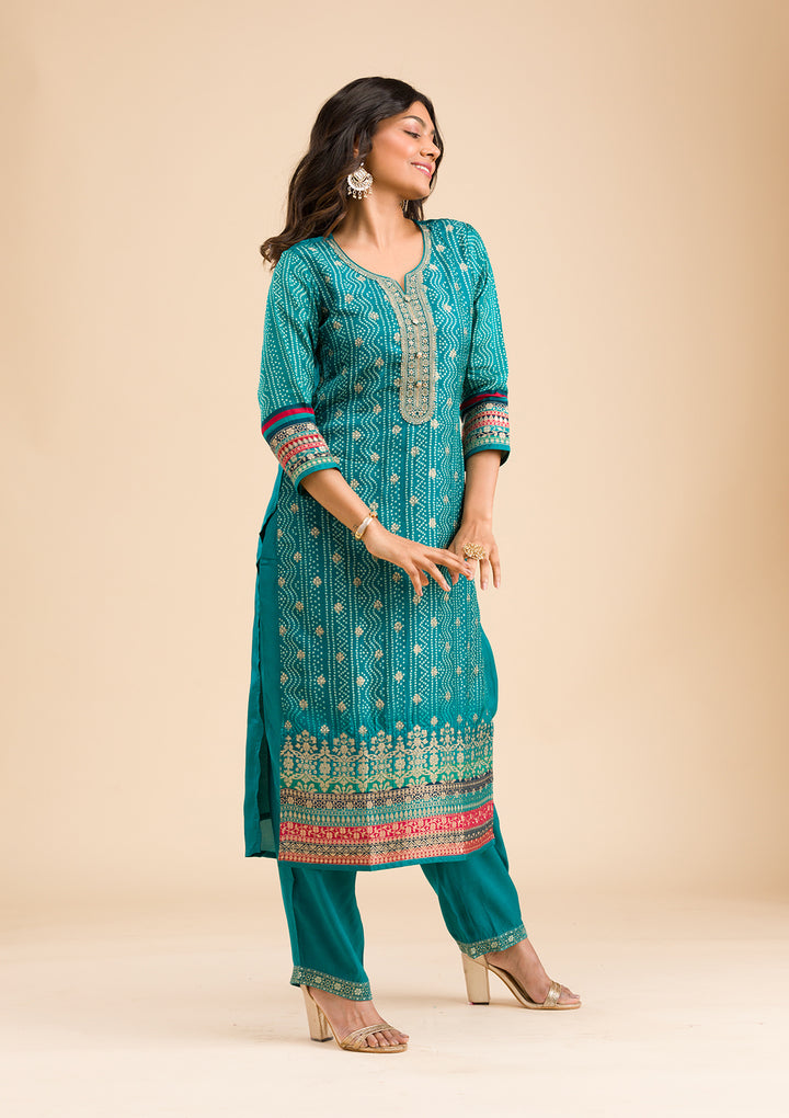 Peacock Blue Zariwork Semi Crepe Readymade Salwar Suit