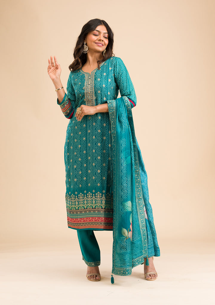 Peacock Blue Zariwork Semi Crepe Readymade Salwar Suit
