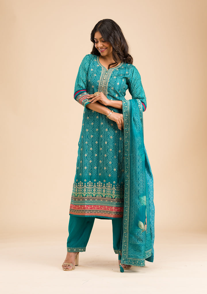 Peacock Blue Zariwork Semi Crepe Readymade Salwar Suit