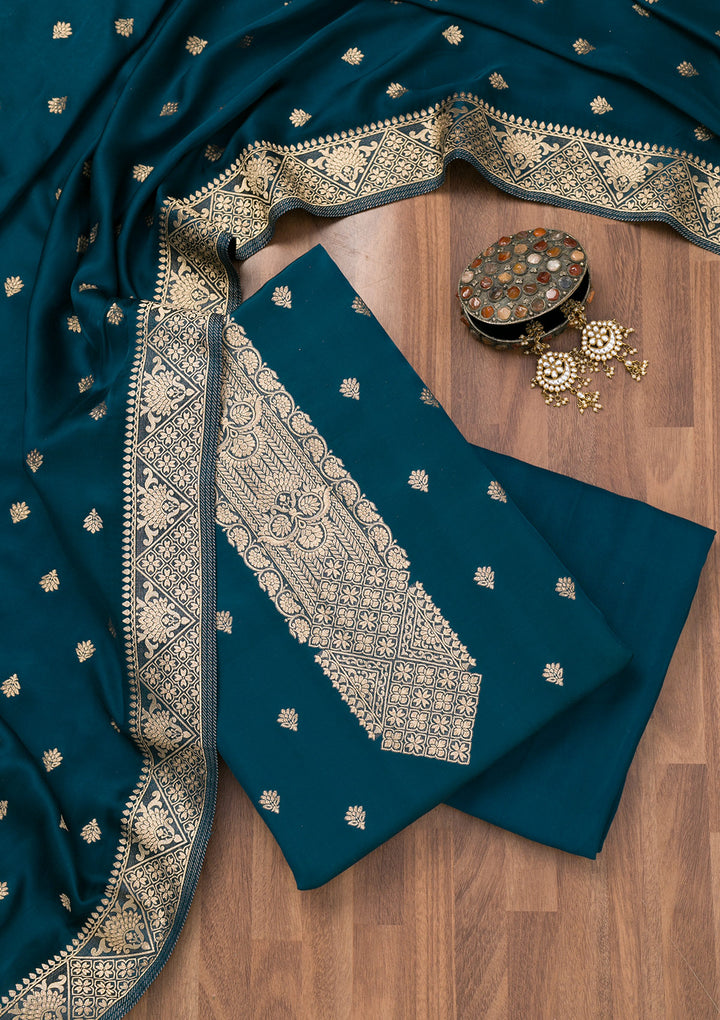 Peacock Blue Zariwork Semi Crepe Unstitched Salwar Suit