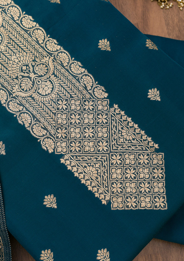Peacock Blue Zariwork Semi Crepe Unstitched Salwar Suit