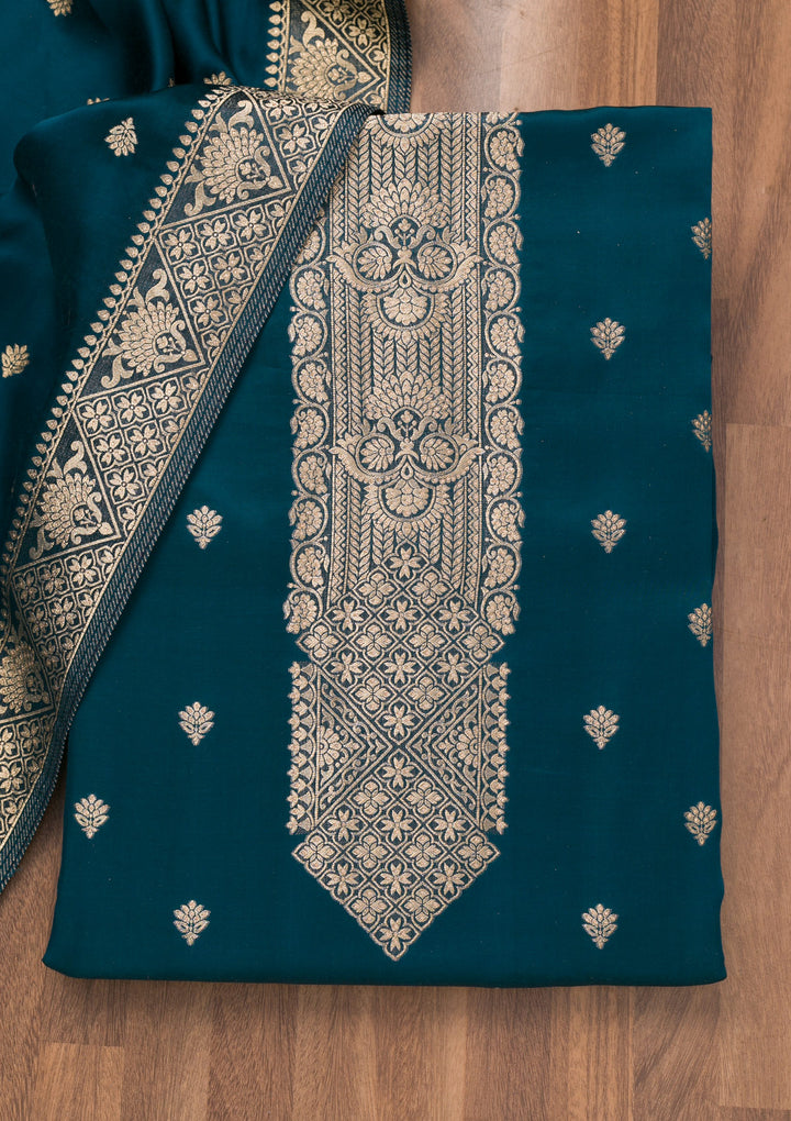Peacock Blue Zariwork Semi Crepe Unstitched Salwar Suit