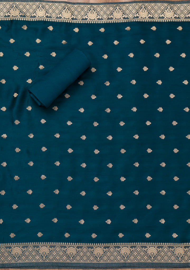 Peacock Blue Zariwork Semi Crepe Unstitched Salwar Suit