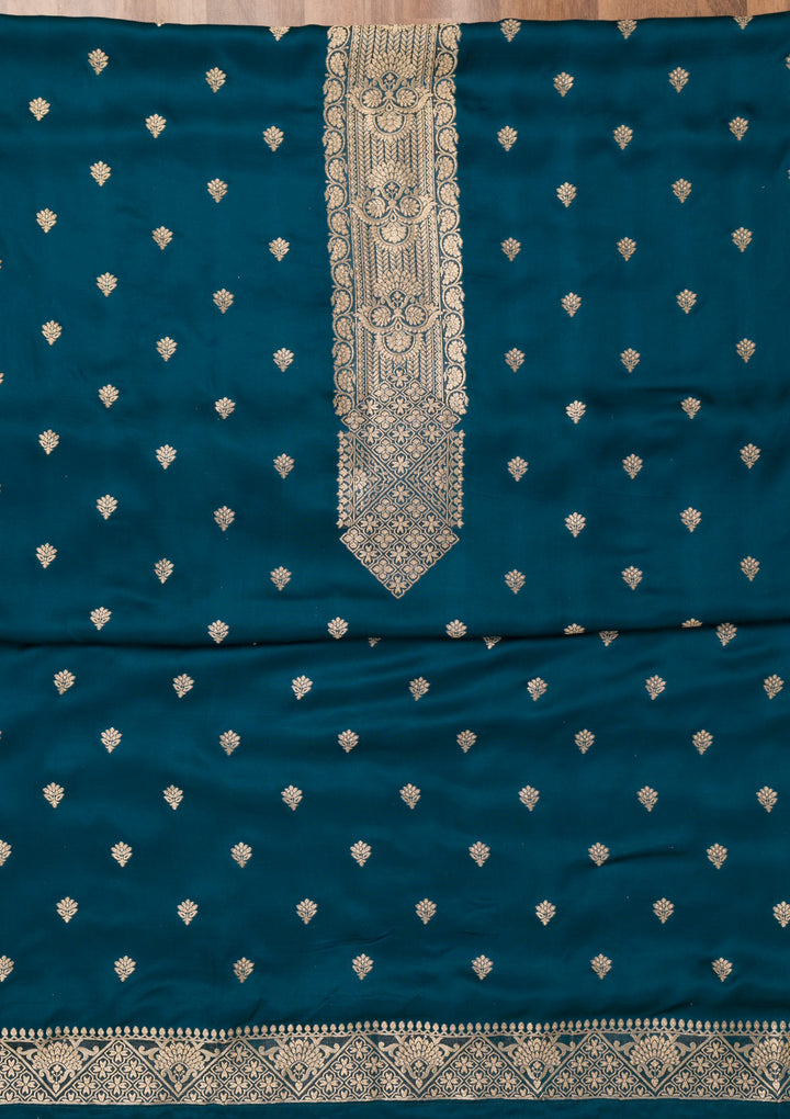 Peacock Blue Zariwork Semi Crepe Unstitched Salwar Suit