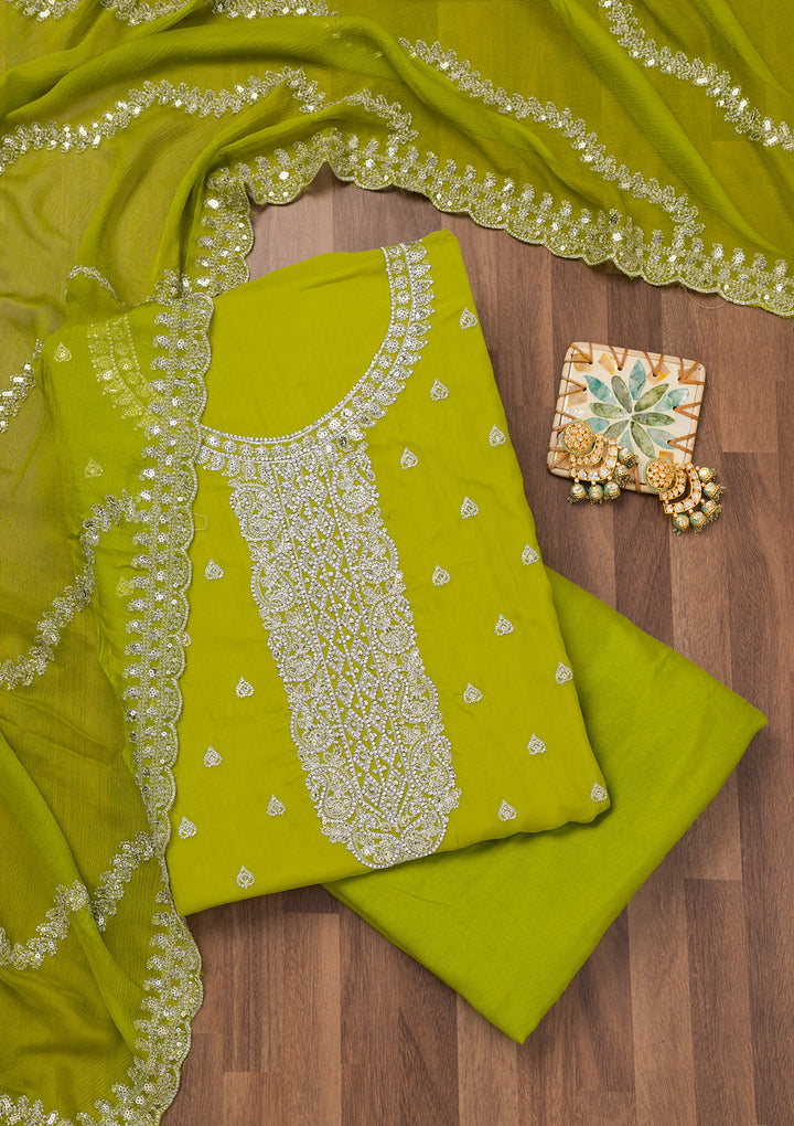 Parrot Green Zariwork Semi Crepe Unstitched Salwar Suit