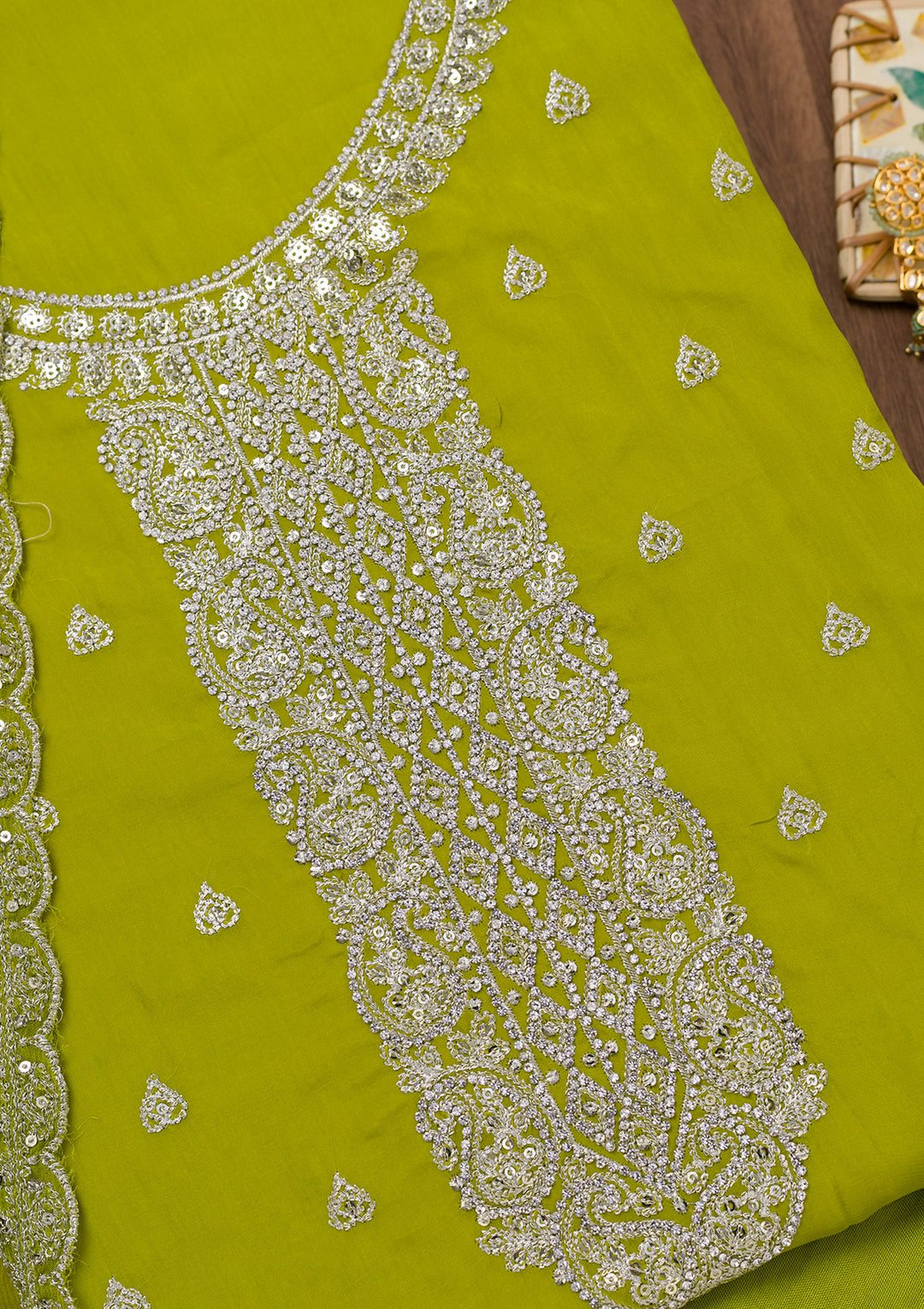 Parrot Green Zariwork Semi Crepe Unstitched Salwar Suit
