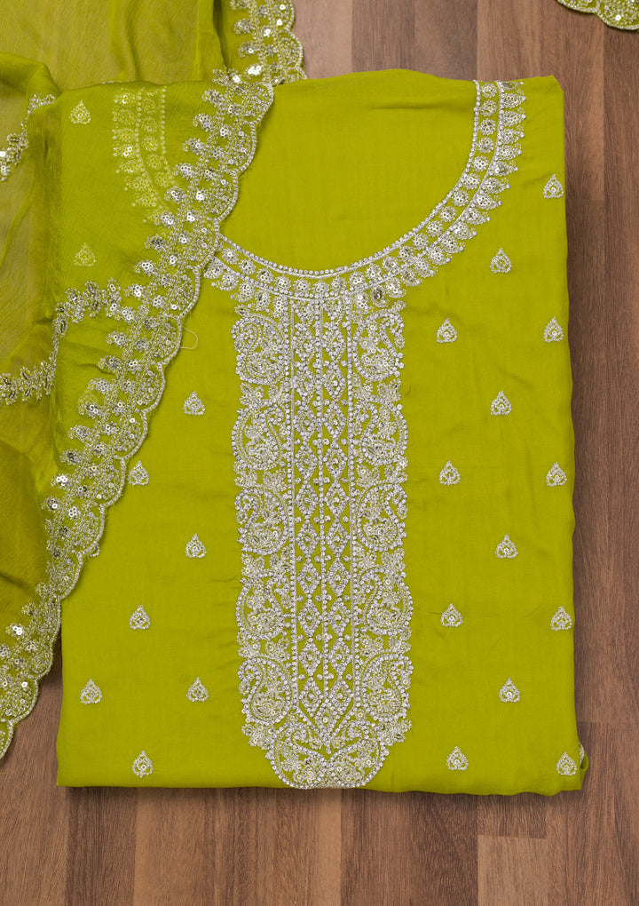 Parrot Green Zariwork Semi Crepe Unstitched Salwar Suit