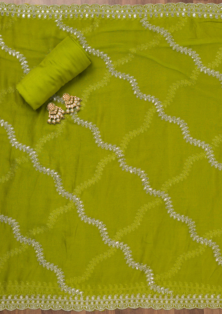 Parrot Green Zariwork Semi Crepe Unstitched Salwar Suit