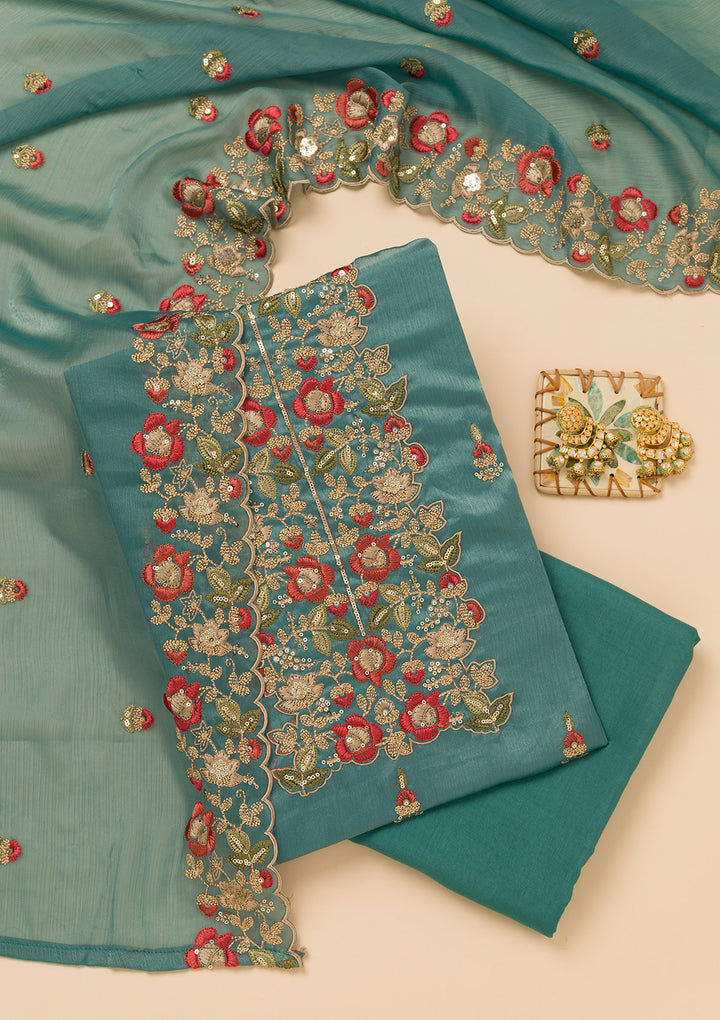 Peacock Blue Zariwork Semi Crepe Unstitched Salwar Suit