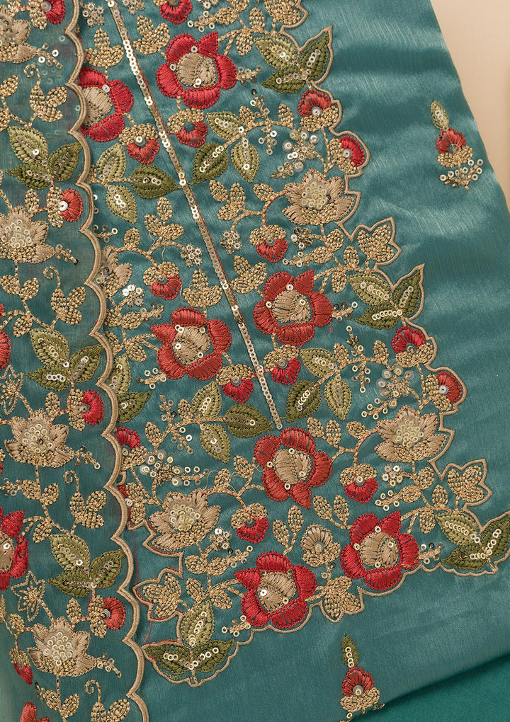 Peacock Blue Zariwork Semi Crepe Unstitched Salwar Suit