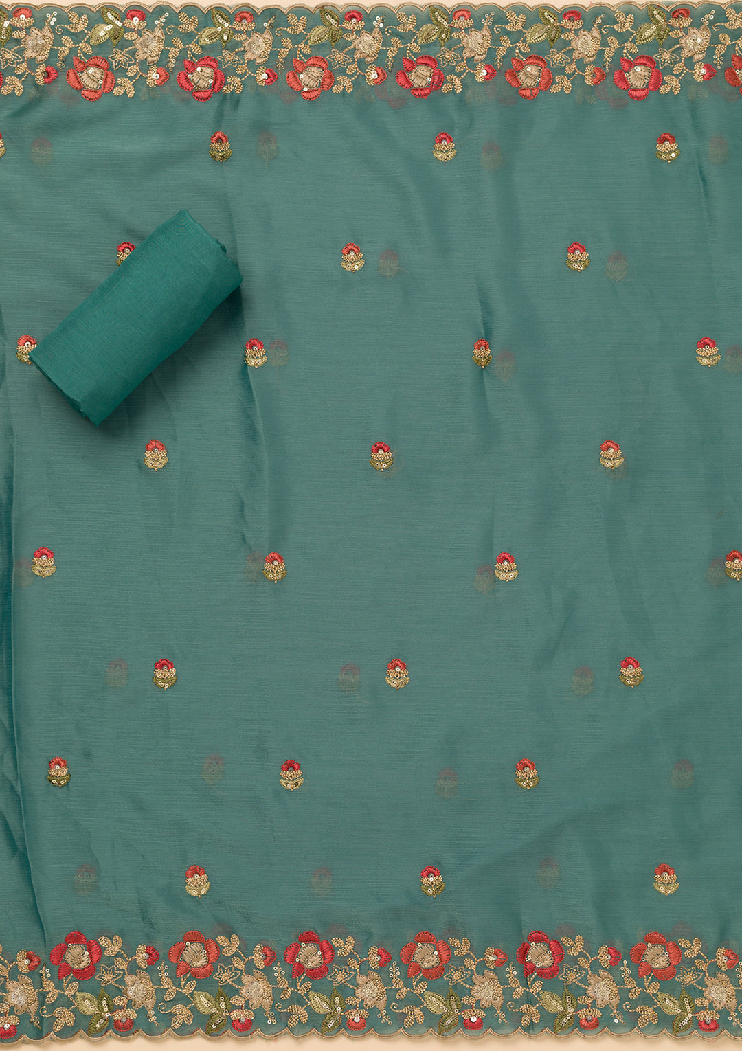 Peacock Blue Zariwork Semi Crepe Unstitched Salwar Suit