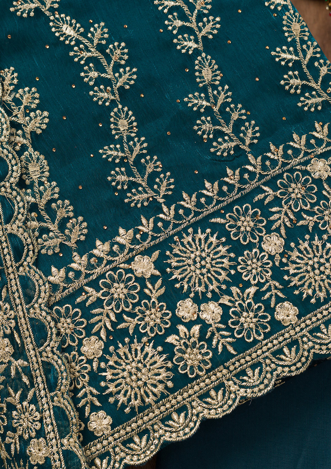 Peacock Blue Zariwork Semi Crepe Unstitched Salwar Suit