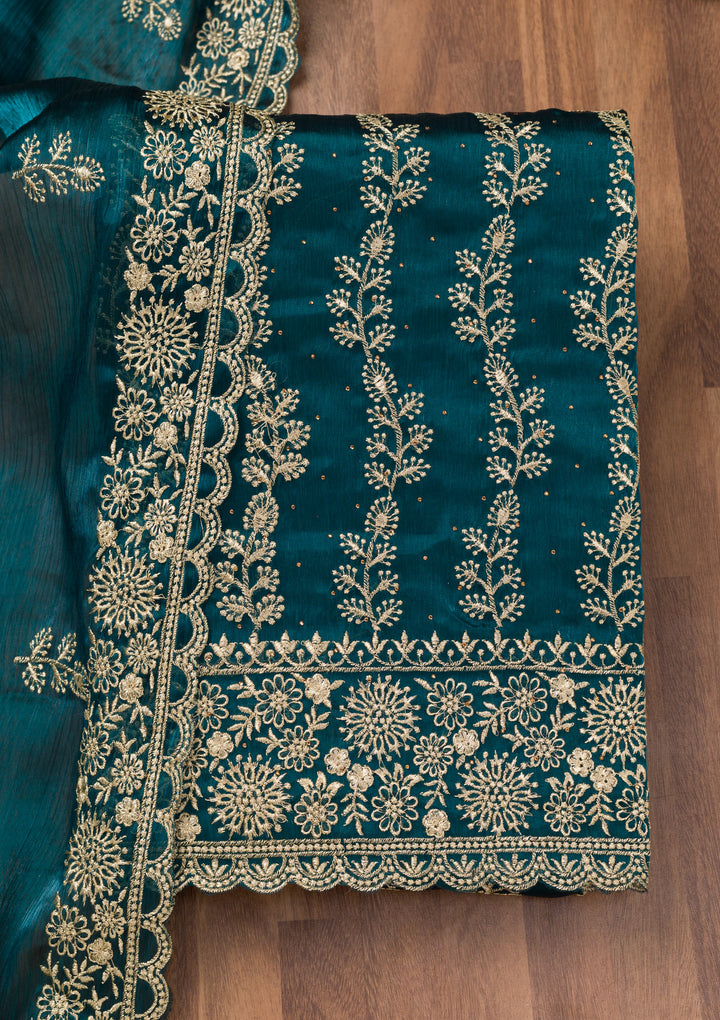 Peacock Blue Zariwork Semi Crepe Unstitched Salwar Suit