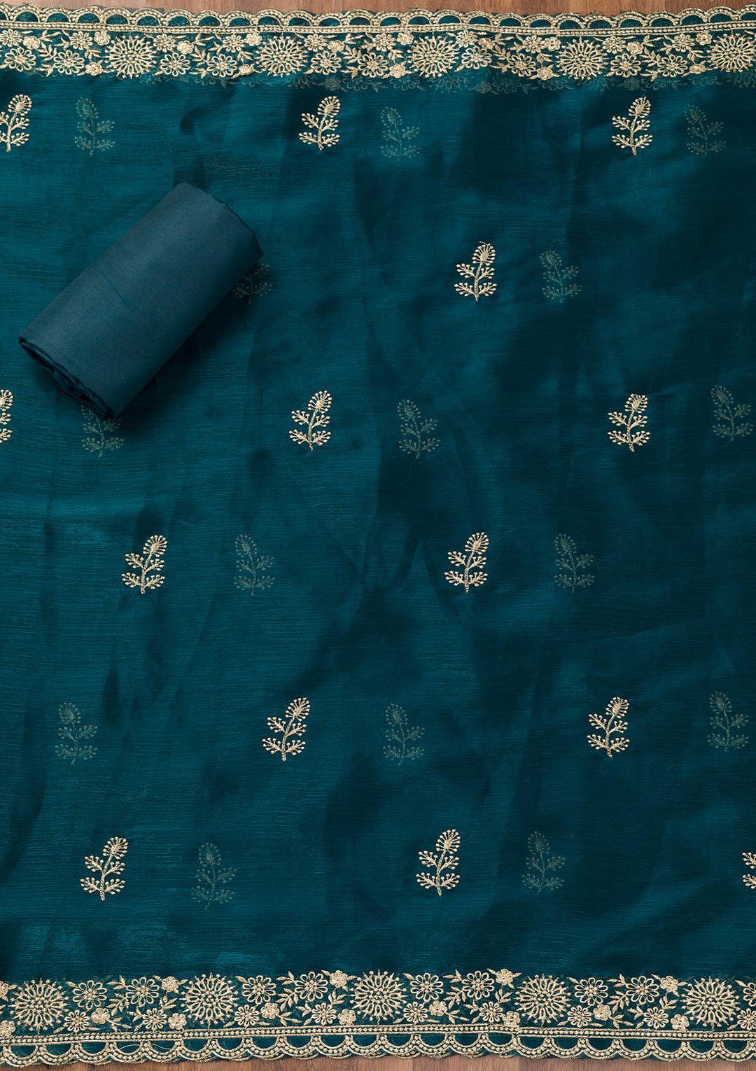Peacock Blue Zariwork Semi Crepe Unstitched Salwar Suit