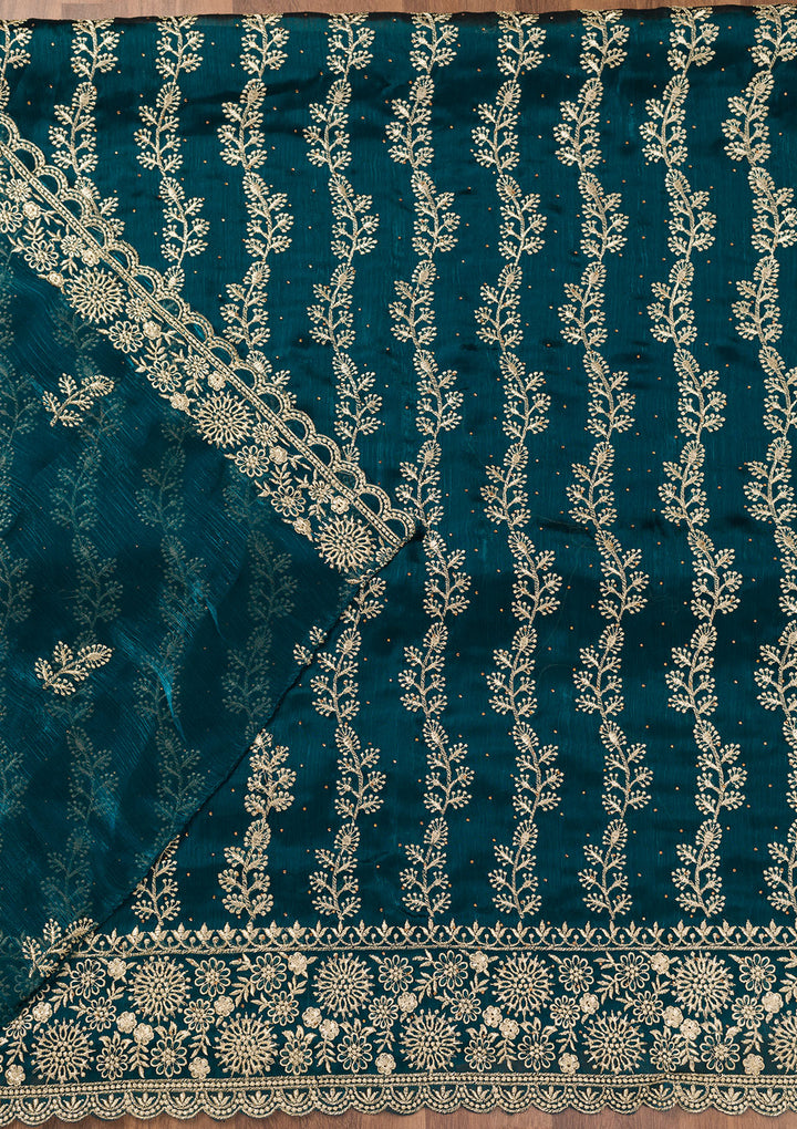 Peacock Blue Zariwork Semi Crepe Unstitched Salwar Suit