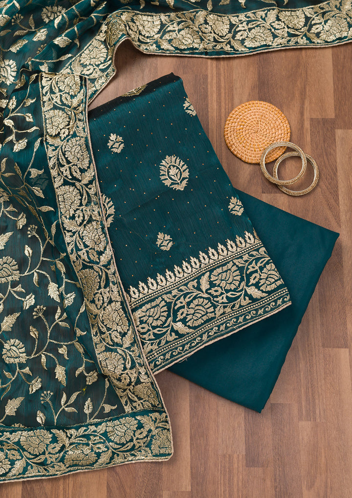 Peacock Blue Zariwork Semi Crepe Unstitched Salwar Suit