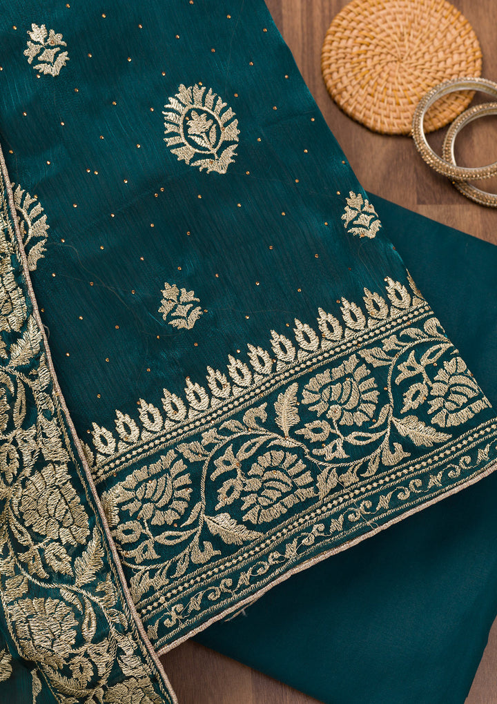 Peacock Blue Zariwork Semi Crepe Unstitched Salwar Suit