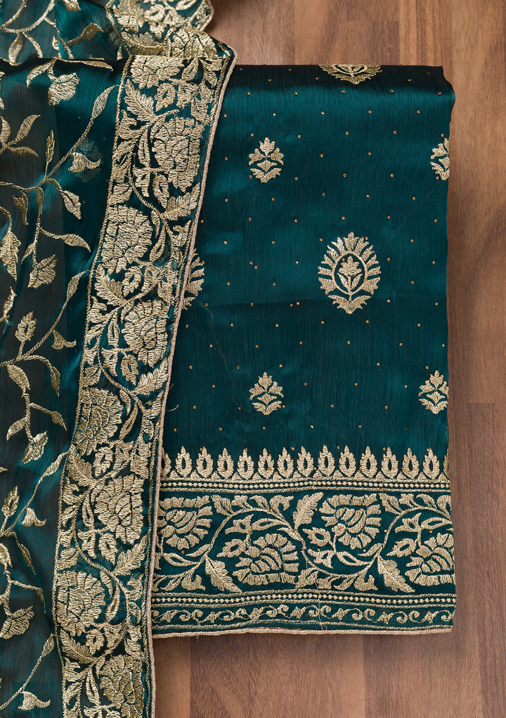 Peacock Blue Zariwork Semi Crepe Unstitched Salwar Suit