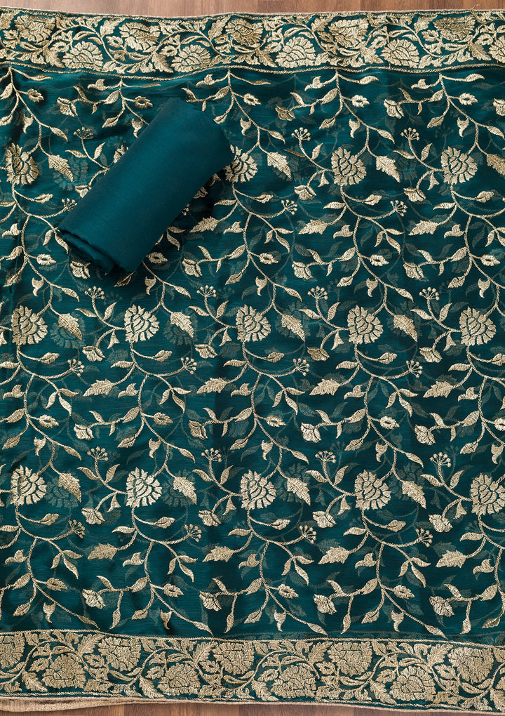 Peacock Blue Zariwork Semi Crepe Unstitched Salwar Suit