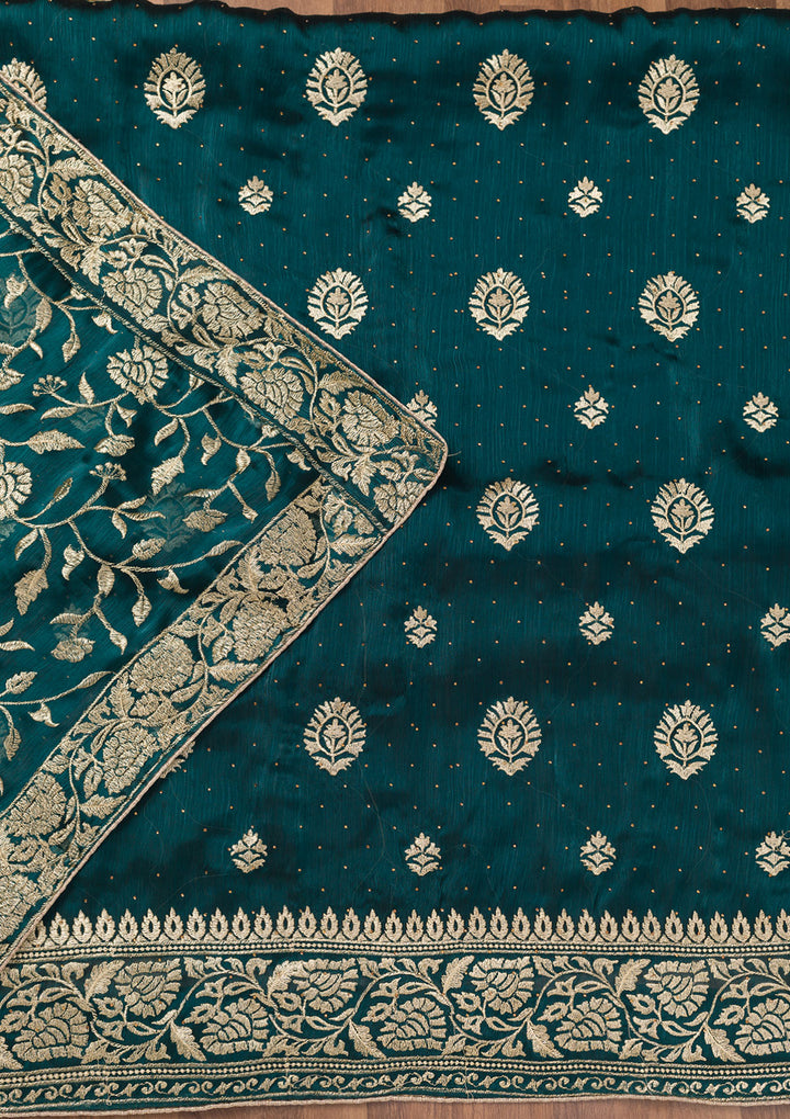 Peacock Blue Zariwork Semi Crepe Unstitched Salwar Suit