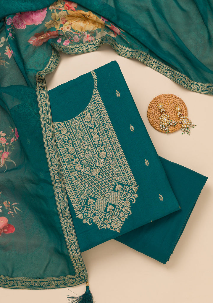 Peacock Blue Zariwork Semi Crepe Unstitched Salwar Suit