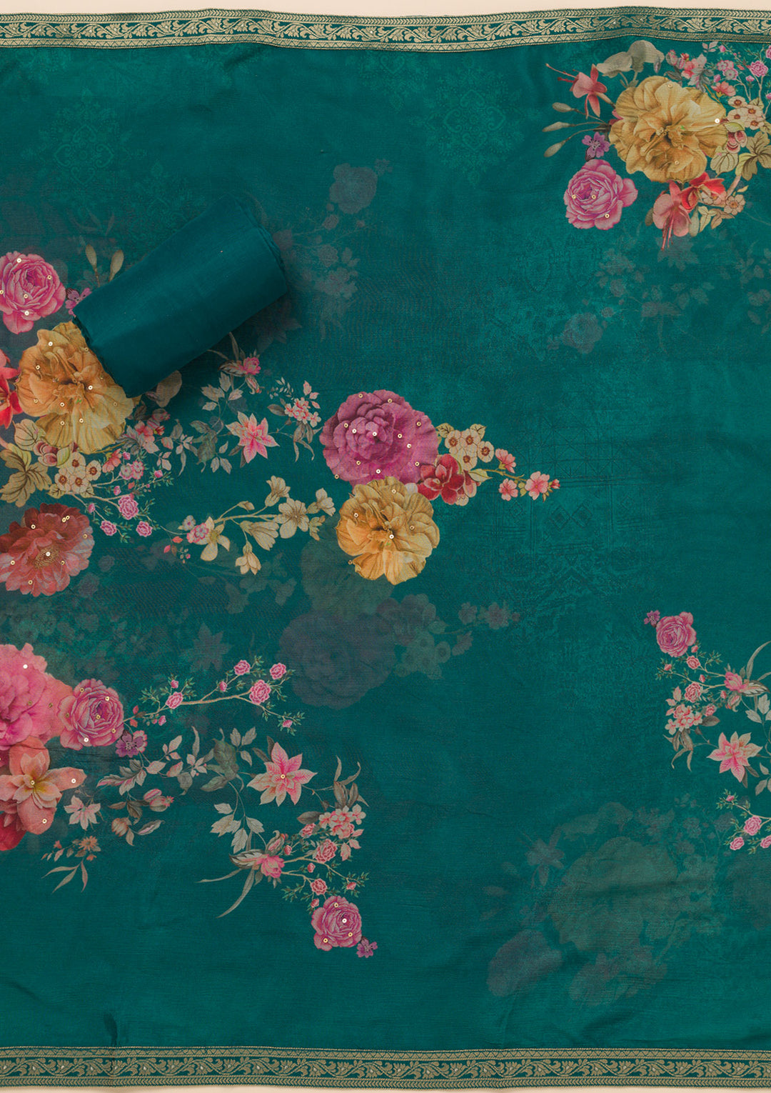 Peacock Blue Zariwork Semi Crepe Unstitched Salwar Suit
