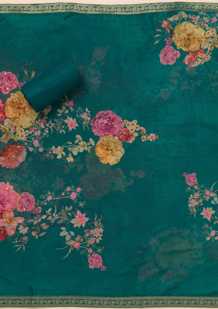 Peacock Blue Zariwork Semi Crepe Unstitched Salwar Suit