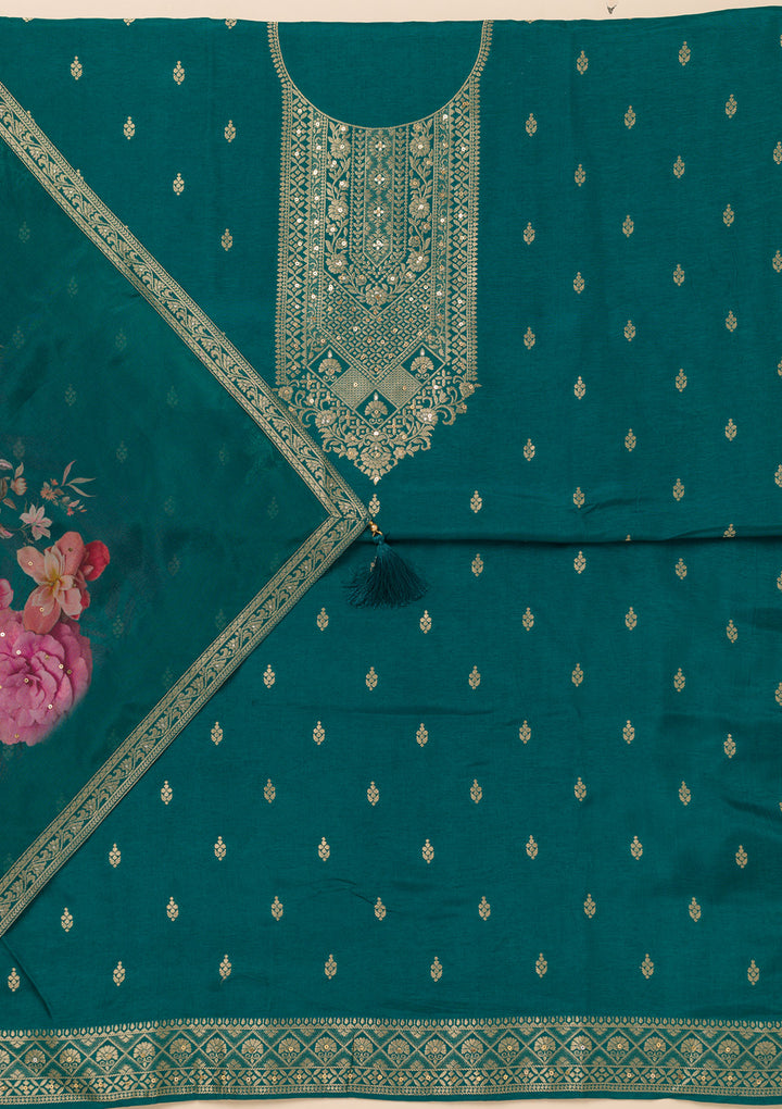 Peacock Blue Zariwork Semi Crepe Unstitched Salwar Suit