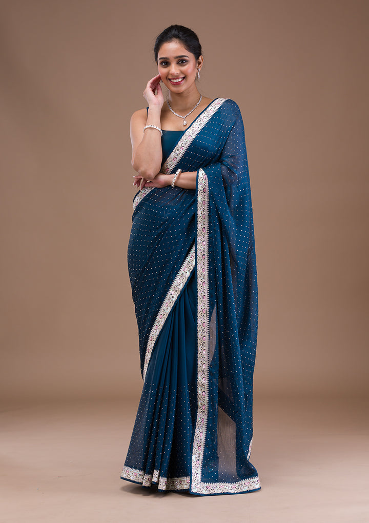 Peacock Blue Zariwork Semi Crepe Saree
