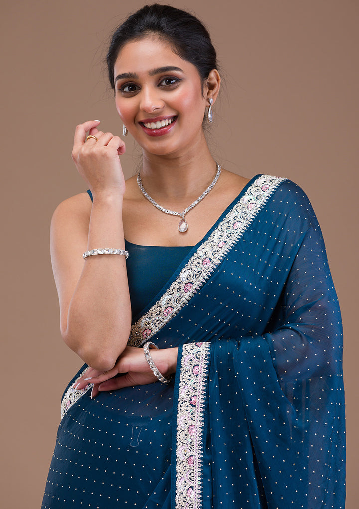 Peacock Blue Zariwork Semi Crepe Saree