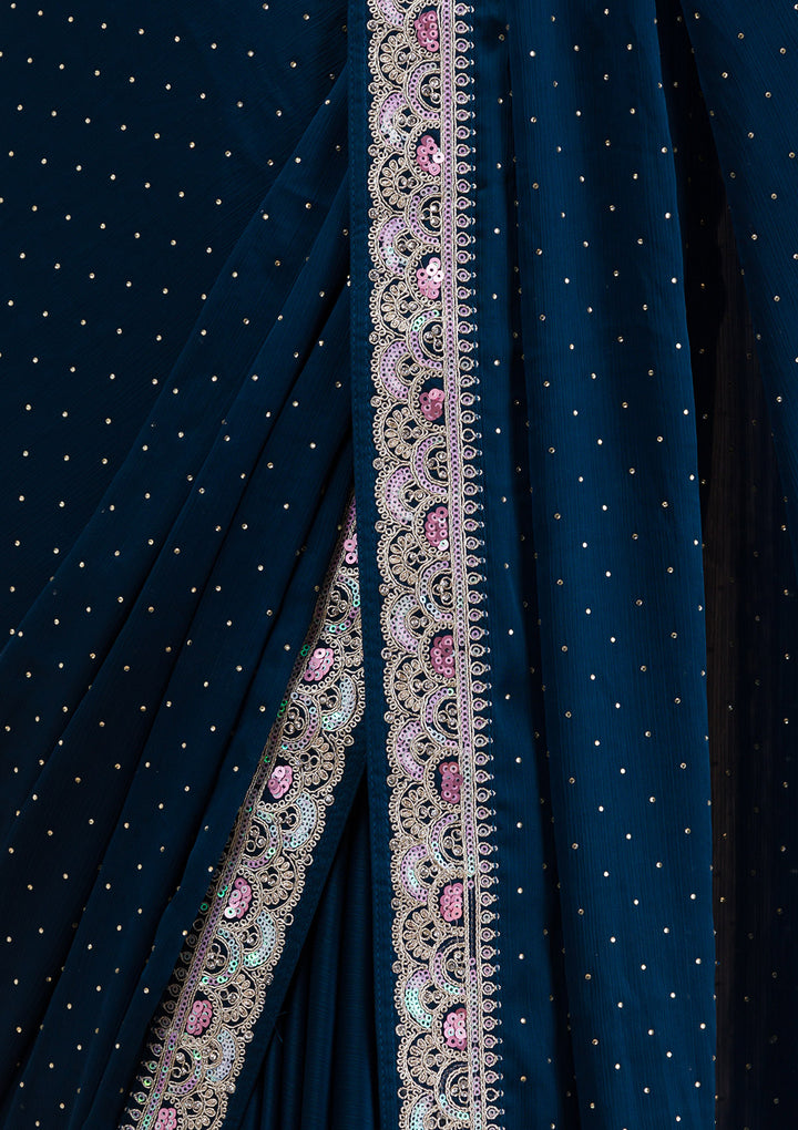 Peacock Blue Zariwork Semi Crepe Saree