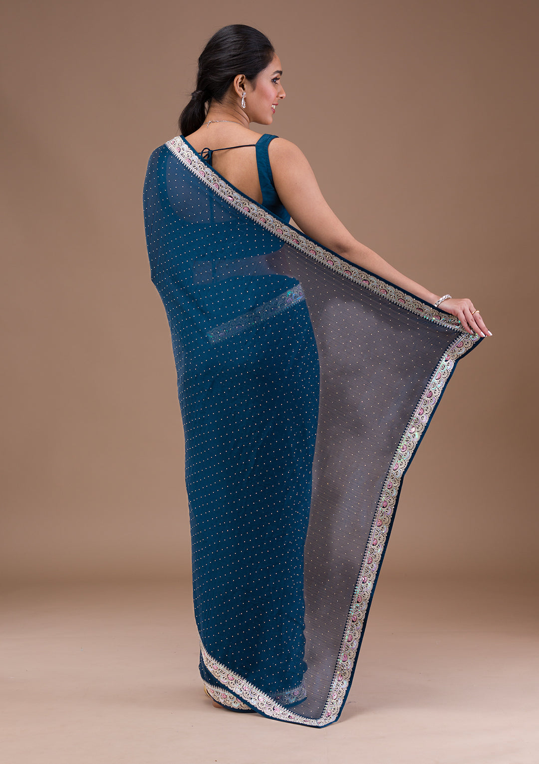 Peacock Blue Zariwork Semi Crepe Saree