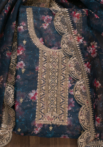 Peacock Blue Zariwork Tissue Unstitched Salwar Suit