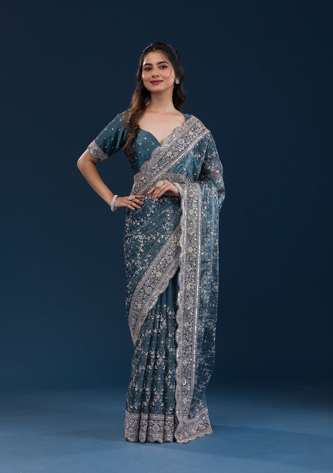Peacock Blue Zariwork Tissue Saree
