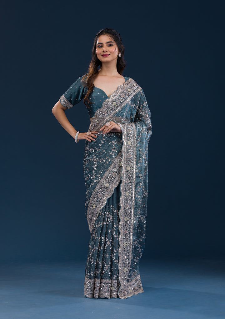 Peacock Blue Zariwork Tissue Saree