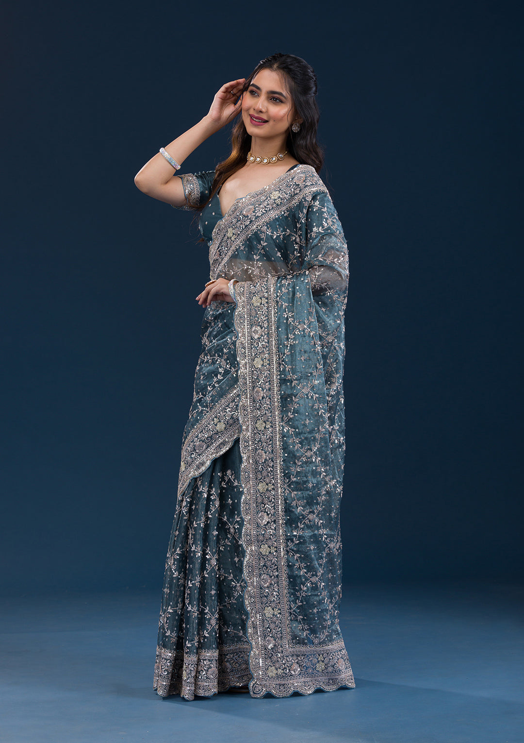 Peacock Blue Zariwork Tissue Saree