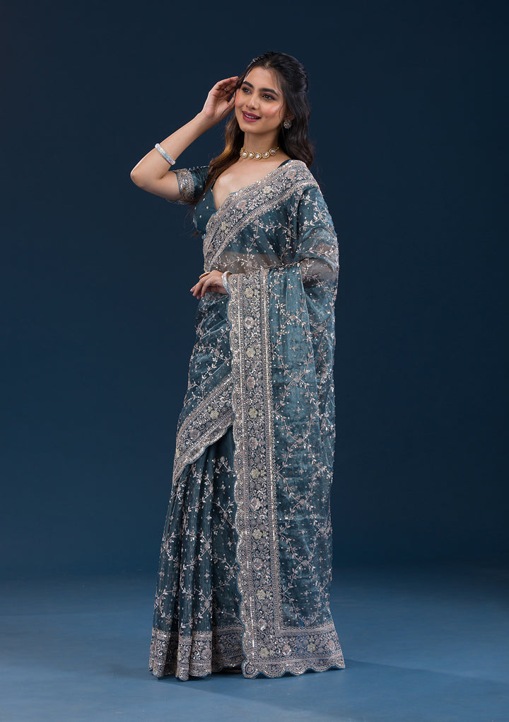 Peacock Blue Zariwork Tissue Saree