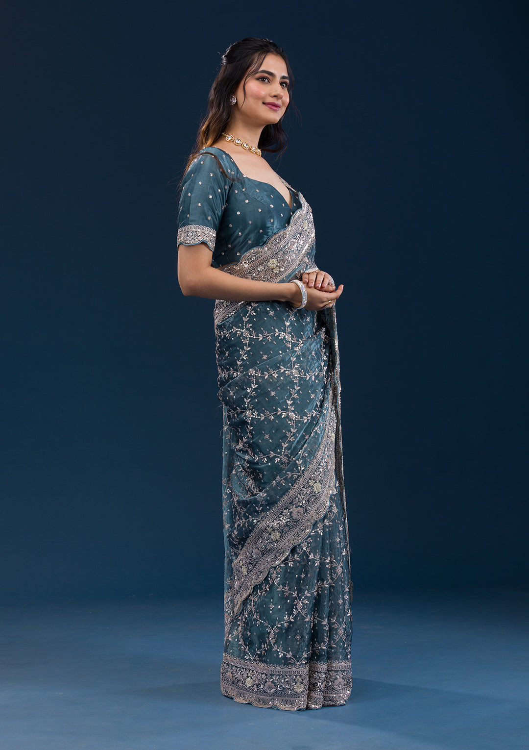 Peacock Blue Zariwork Tissue Saree
